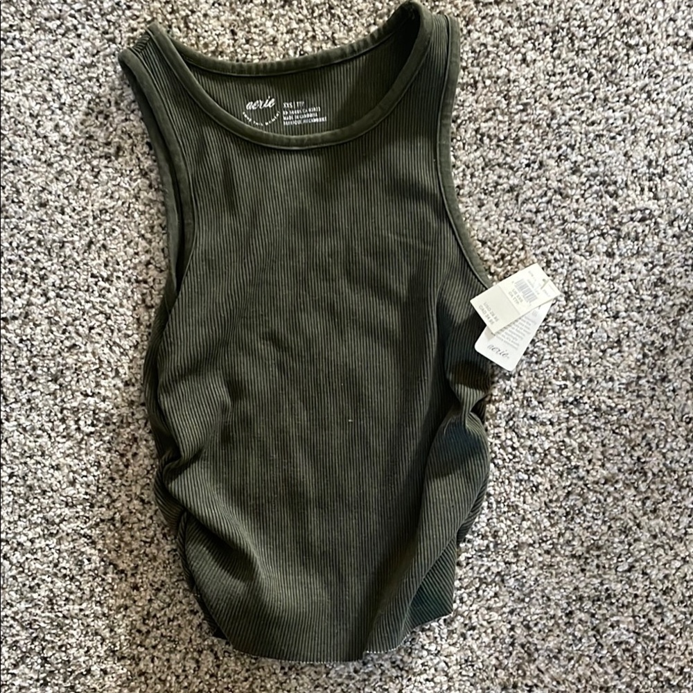Aerie Dark Olive Green Ribbed Tank with side ruching/gathers size XXS, NWT